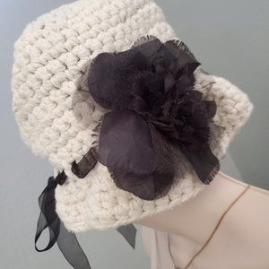 White Knit Hat with Ribbon Loops